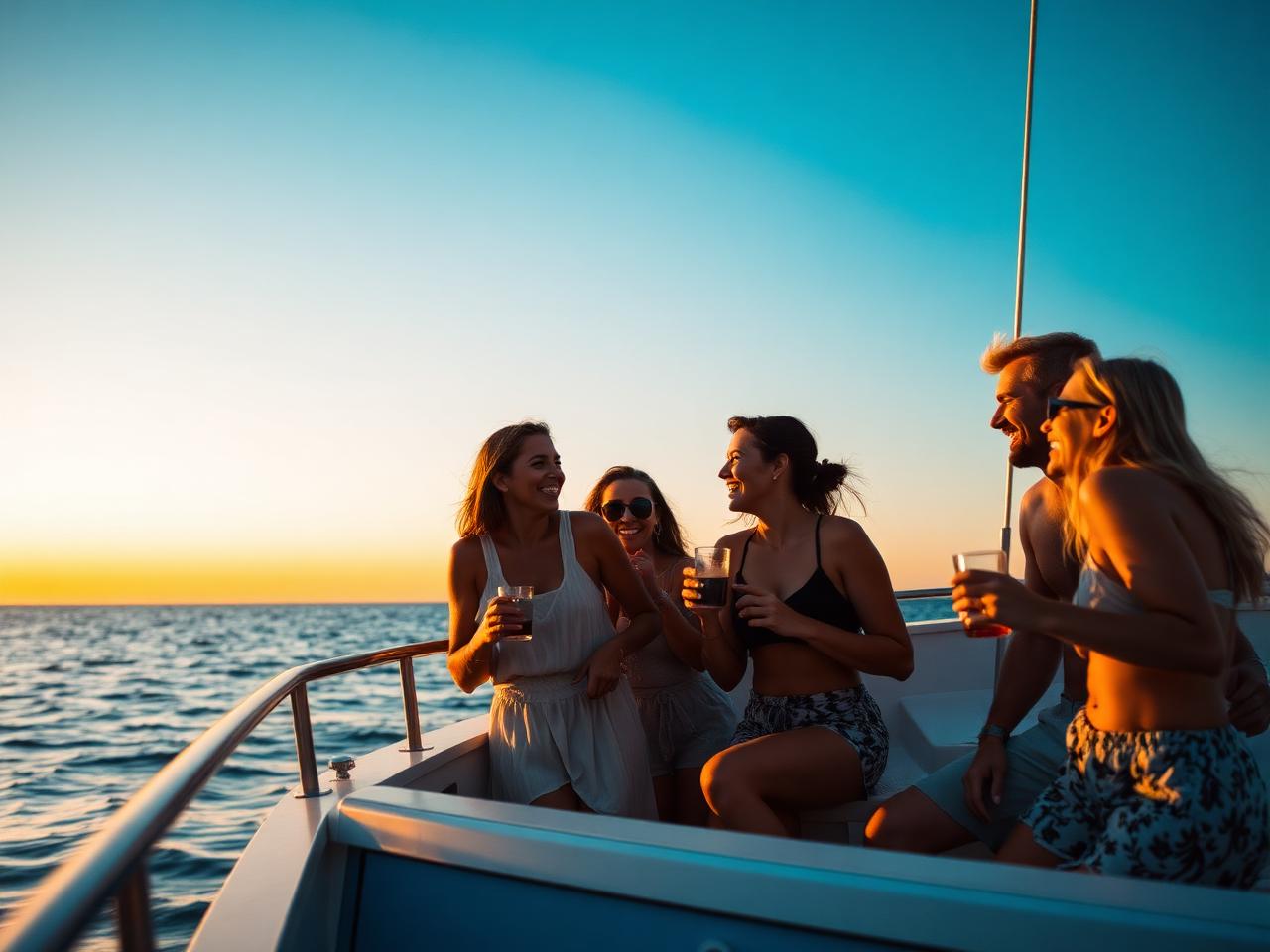 Guests laughing on the back deck of a charter boat at sunset