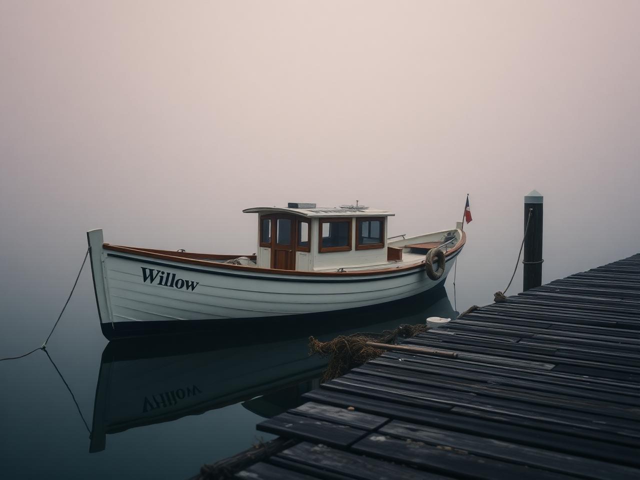 Willow, Captain ET's first timber boat, moored at a jetty at dawn